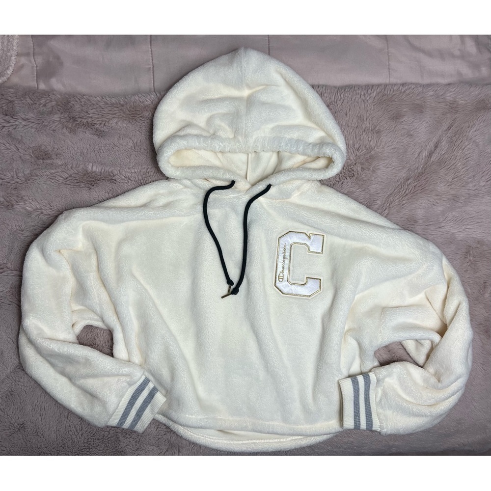Champion Cream Faux Fur Varsity C Cropped Soft Pullover Hoodie Size Large